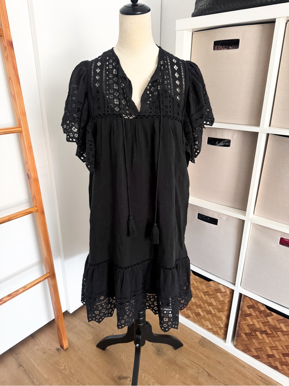 Scarlett Poppies On The Edge Black Eyelet Midi Dress Size S